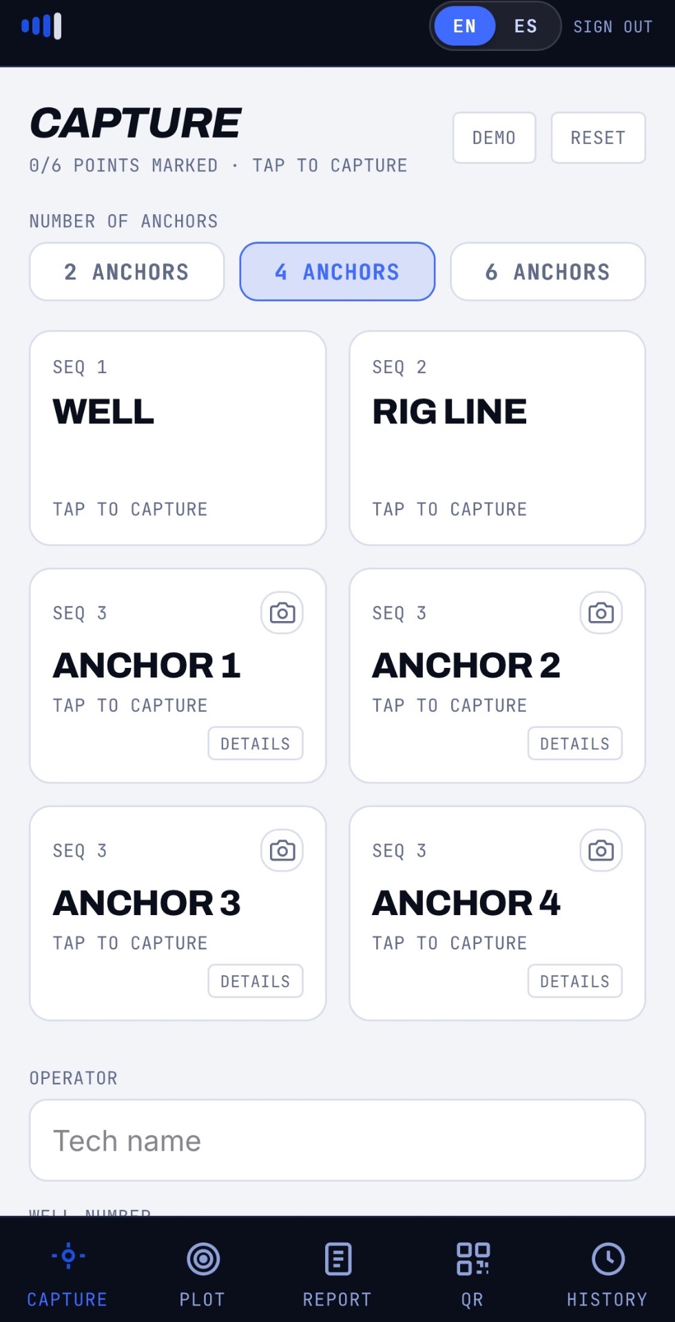 AnchorLink capture screen showing anchor pattern selection and live GPS accuracy