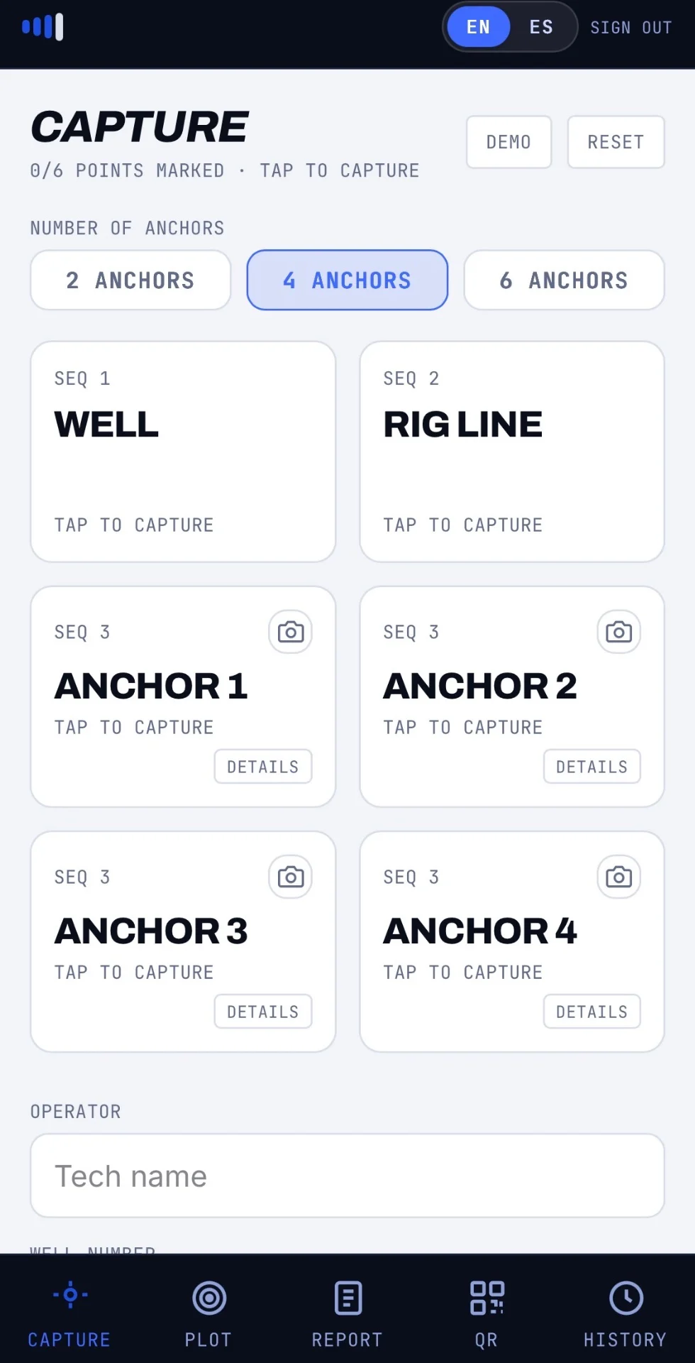 AnchorLink Anchor Details screen with anchor type, serial number, test date, and pull data