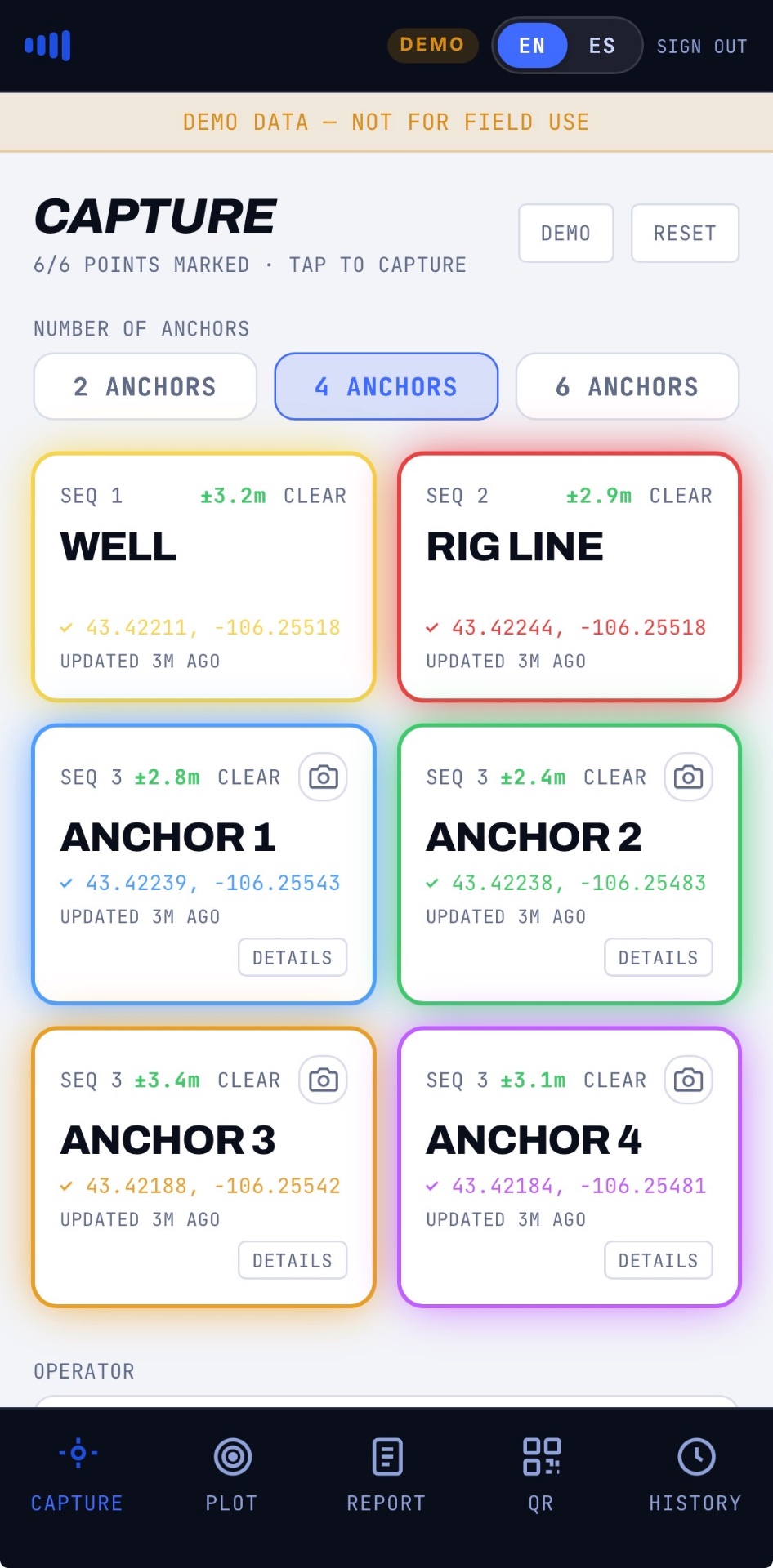 AnchorLink 6-tap capture workflow with live GPS confirmation